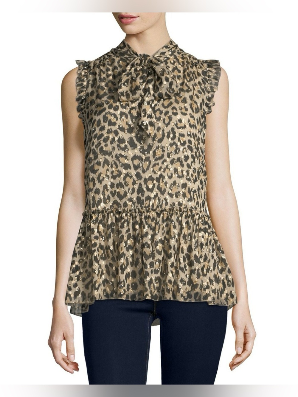 Kate Spade New York Silk Leopard Print Metallic Tie Neck Ruffle Blouse, size M
